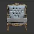 Classic Single Sofa With Blue Upholstery Golden Carved Trim And Curved Legs