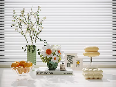 Elegant Decorative Ornament Combination With Green Vase White Flowers Books And Fruit Bowl 3d model