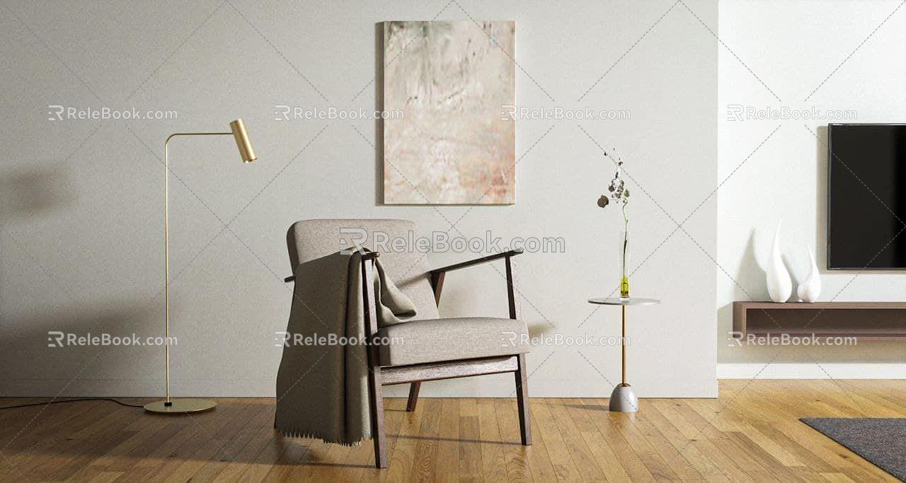 Modern Sofa Chair Fabric Single Sofa Decorative Ornaments Combination Floor Lamp Vase Flower Chair Armchair Room 3d model