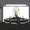 New Chinese Restaurant Box Dining Table and Chair Combination Tableware Chandelier 3d model