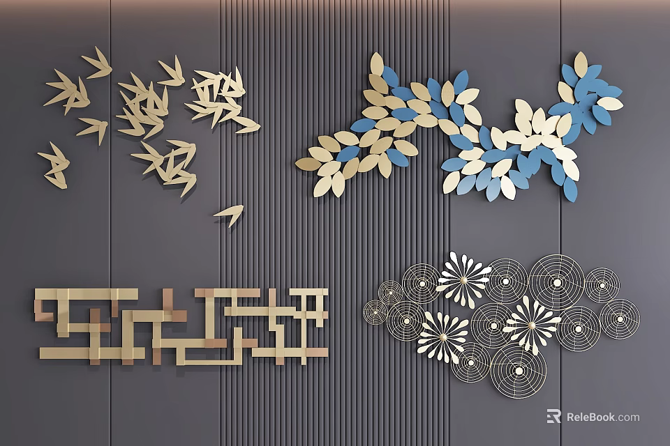 Creative Modern Wall Decorations With Bird Leaf Geometric Circular Floral Patterns 3d model