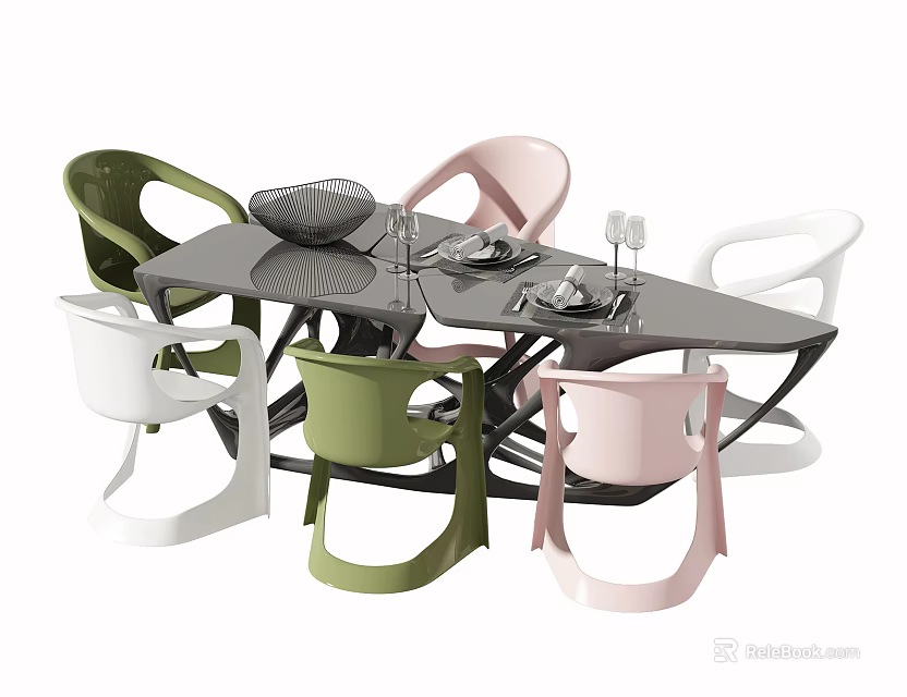 Modern Dining Set With Black Table Green Pink White Chairs Tableware Wine Glasses Cushion 3d model 