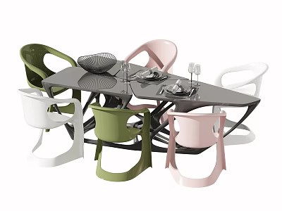 Modern Dining Set With Black Table Green Pink White Chairs Tableware Wine Glasses Cushion 3d model