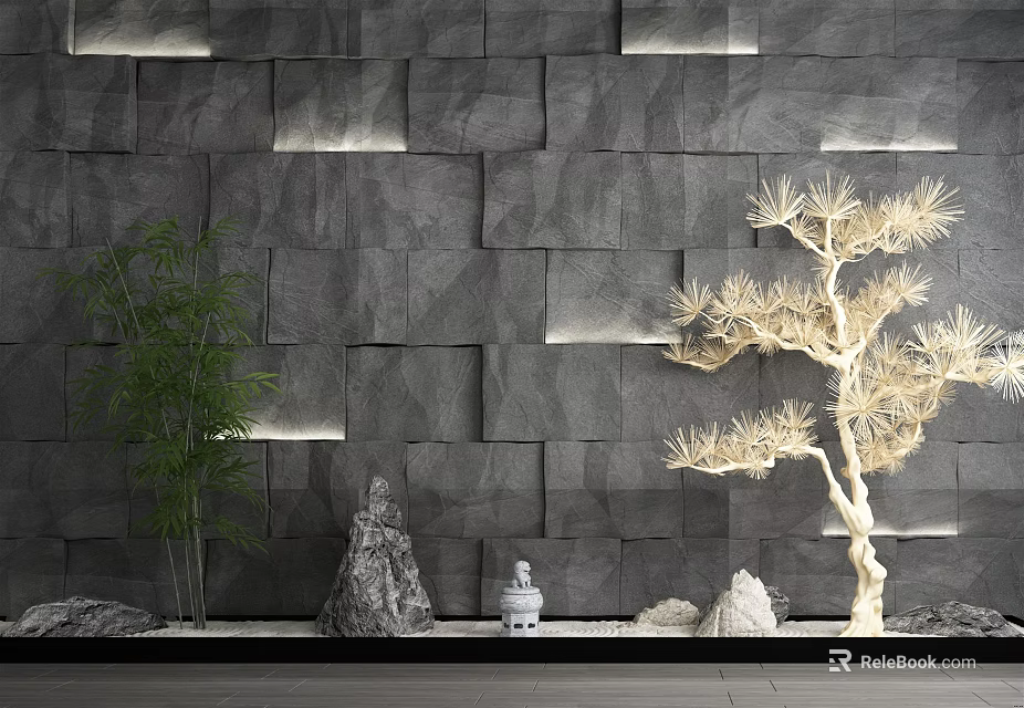 Garden Ornaments Featuring Gray Stone Wall Bamboo Rockery Buddha Statue White Tree And Gravel 3d model 
