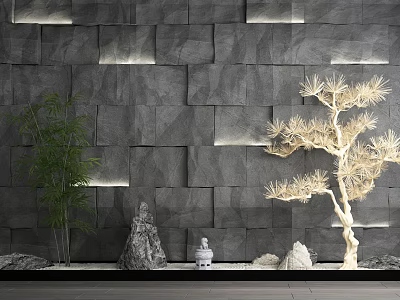 Garden Ornaments Featuring Gray Stone Wall Bamboo Rockery Buddha Statue White Tree And Gravel 3d model