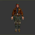 Game Movie Character With Red Hair Green Cap Brown Jacket And Mechanical Leg Gear