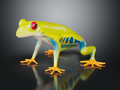 Vibrant Green Frog with Red Eyes Blue Stripes and Yellow Toes on Black Background 3d model