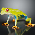 Vibrant Green Frog with Red Eyes Blue Stripes and Yellow Toes on Black Background