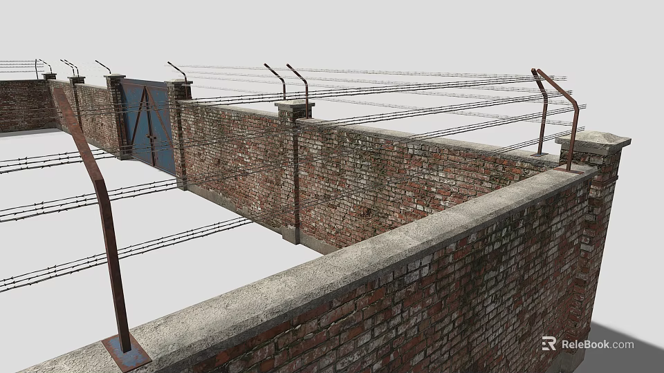 Building Exterior Wall with Solid Brick Structure Barbed Wire on Top and Iron Gate 3d model 