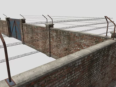 Building Exterior Wall with Solid Brick Structure Barbed Wire on Top and Iron Gate 3d model