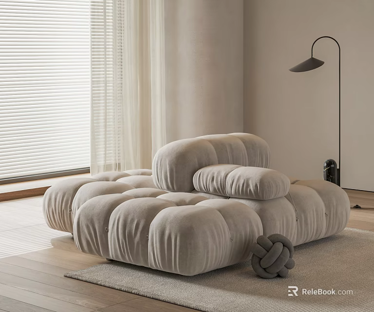 Cozy Light Gray Velvet Bean Bag Sofa With Modular Cushions In Modern Living Room 3d model 