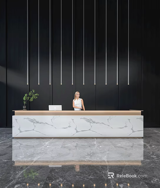 Elegant Reception Desk With Marble Countertop Black Background Wall Hanging Lines And White Clad Receptionist 3d model 