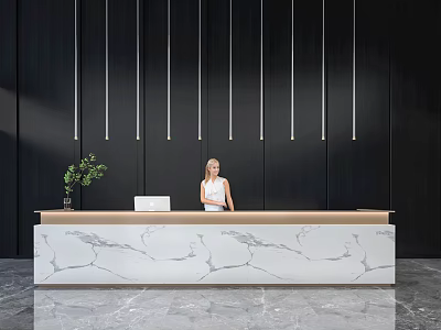 Elegant Reception Desk With Marble Countertop Black Background Wall Hanging Lines And White Clad Receptionist 3d model