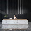 Elegant Reception Desk With Marble Countertop Black Background Wall Hanging Lines And White Clad Receptionist