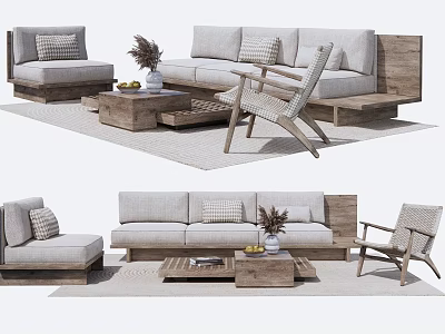 Modern Sofa Coffee Table Set With Wooden Frame Linen Cushions And Accent Chair 3d model