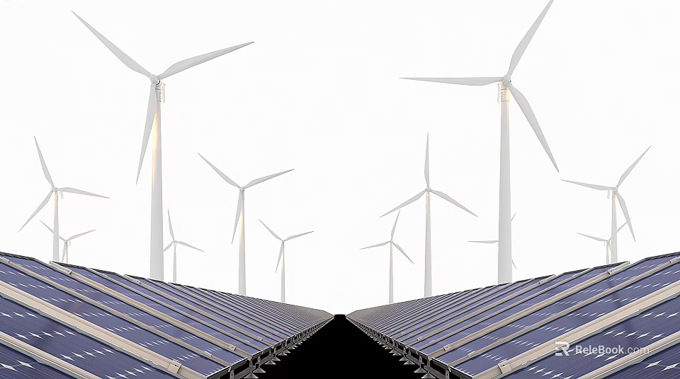 Outdoor Array of Wind Turbines and Solar Panels for Renewable Energy 3d model 