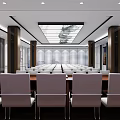 Modern Conference Room Interior With Large Screen White Chairs And Wooden Pillars