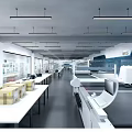 Industrial Factory Workshop Production Line With Workbenches Overhead Lights Cardboard Boxes And Stacked Components