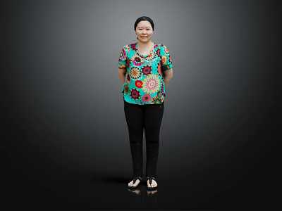 Woman In Colorful Floral Top And Black Pants Standing Against Dark Background 3d model