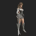 A Woman Holding Ornate Sword Wearing White Off Shoulder Top Black Corset Silver Leg Armor