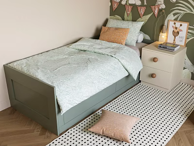 Green Kids Bed With Light Green Bedspread Orange Pillow White Nightstand And Polka Dot Rug 3d model