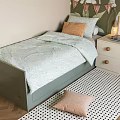 Green Kids Bed With Light Green Bedspread Orange Pillow White Nightstand And Polka Dot Rug