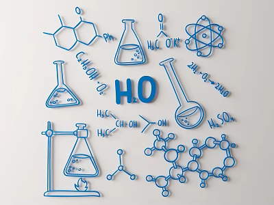 Chemical Themed Wall Decor With Blue Line Art Beakers And Molecular Structures 3d model