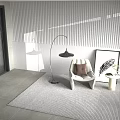 Modern Lounge Chair Interior With Arched Floor Lamp Brown Pillow Framed Artwork And Striped Rug