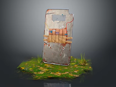 Worn Metal Shield With Taped Straps On Grass With Fallen Leaves And Water Reflection 3d model