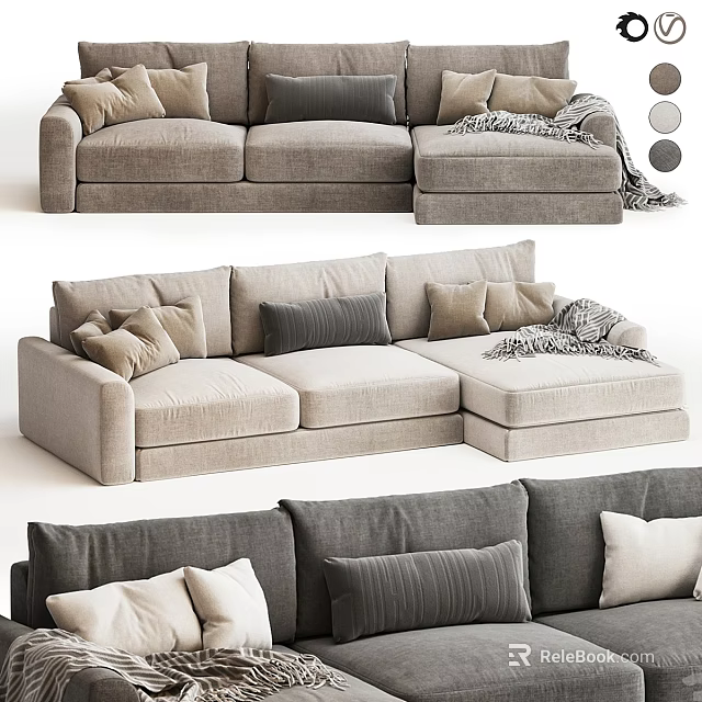 Modern Sectional Sofa With Neutral Upholstery Decorative Pillows And Throw Blanket For Living Room 3d model 