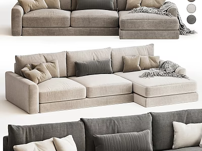 Modern Sectional Sofa With Neutral Upholstery Decorative Pillows And Throw Blanket For Living Room 3d model