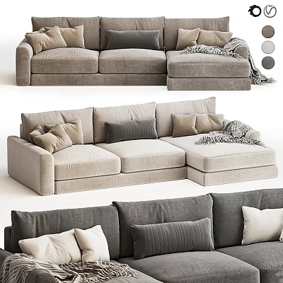 Modern Sectional Sofa With Neutral Upholstery Decorative Pillows And Throw Blanket For Living Room 3d model