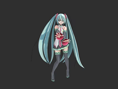 Anime Game Movie Character With Long Blue Twin Ponytails And Pink White Outfit 3d model