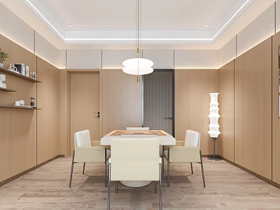 Modern Hotel Mahjong Room Interior With Light Wood Cabinets White Chairs And Wooden Floor 3d model