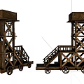 Ancient Wooden Siege Tower Weapon With Wheels Staircase And Platform Structure 3d model