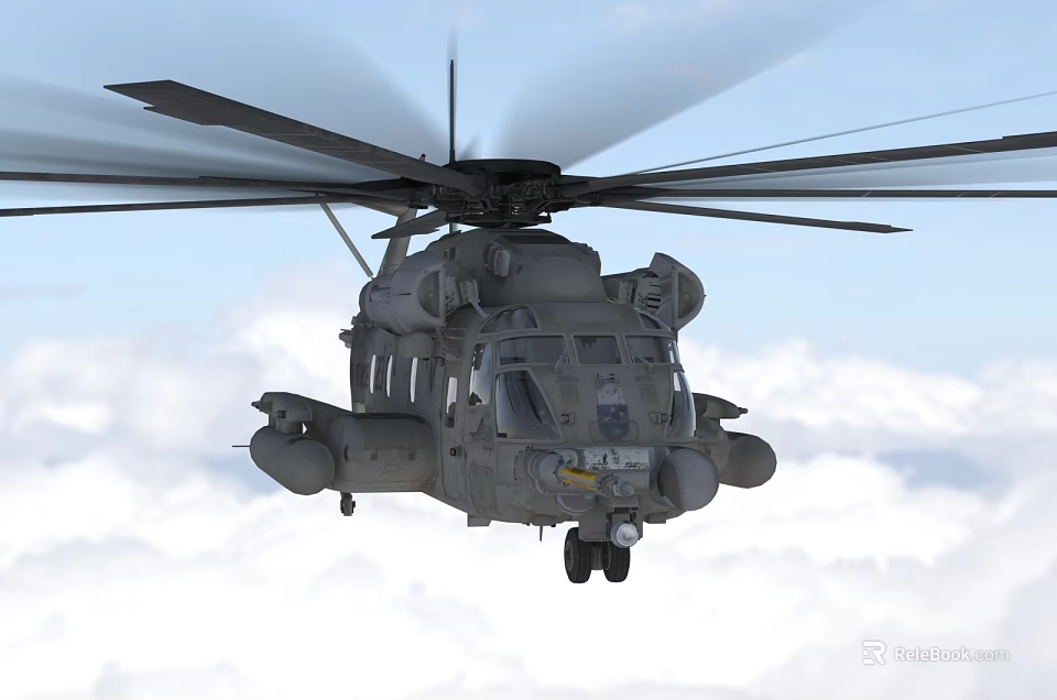 Military Helicopter Flying Through Clouds With Rotating Rotors In Sky 3d model 