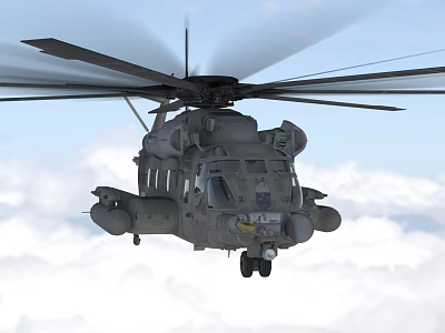 Military Helicopter Flying Through Clouds With Rotating Rotors In Sky 3d model