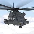 Military Helicopter Flying Through Clouds With Rotating Rotors In Sky
