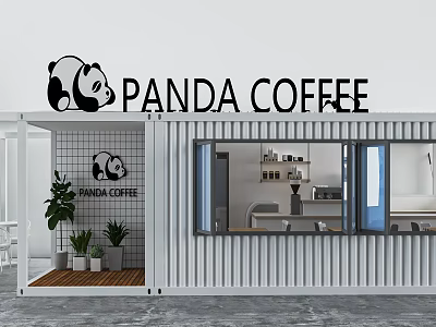 Panda Coffee Shop Exterior with Container Design Panda Logo and Glass Windows 3d model