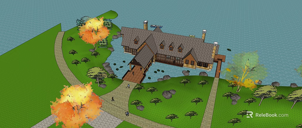 Scenic Rustic Lakeside House With Autumn Trees Stone Path And Wooden Dock 3d model 