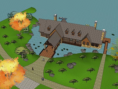 Scenic Rustic Lakeside House With Autumn Trees Stone Path And Wooden Dock 3d model