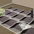 Purple Black Beige Geometric Square Rug on Light Wooden Floor with White Flower Vase