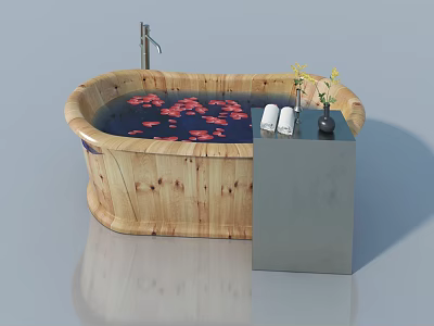 Casement Window In Modern Bathroom With Wooden Bathtub Petals And Gray Stand 3d model