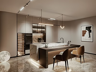 Modern Kitchen Bar Area With Open Design Marble Countertop Bar Stools And Pendant Lights 3d model
