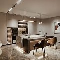 Modern Kitchen Bar Area With Open Design Marble Countertop Bar Stools And Pendant Lights