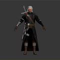 Silver Haired Man With Red Facial Markings Wearing Dark Long Coat Leather Belt And Weapons