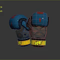 Blue And Gray Mechanical Gloves With Red Square Decorations And Yellow Text Accents
