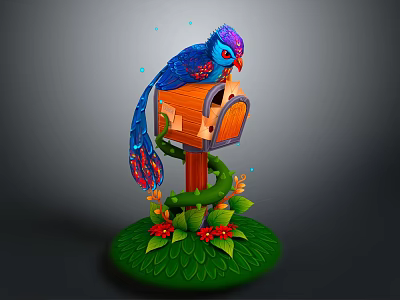 Colorful Bird Perched On Wooden Birdhouse With Green Grass Leaves And Red Flowers 3d model