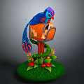 Colorful Bird Perched On Wooden Birdhouse With Green Grass Leaves And Red Flowers