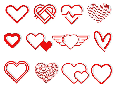 Collection of Red Heart Design Icons with Various Patterns and Styles 3d model